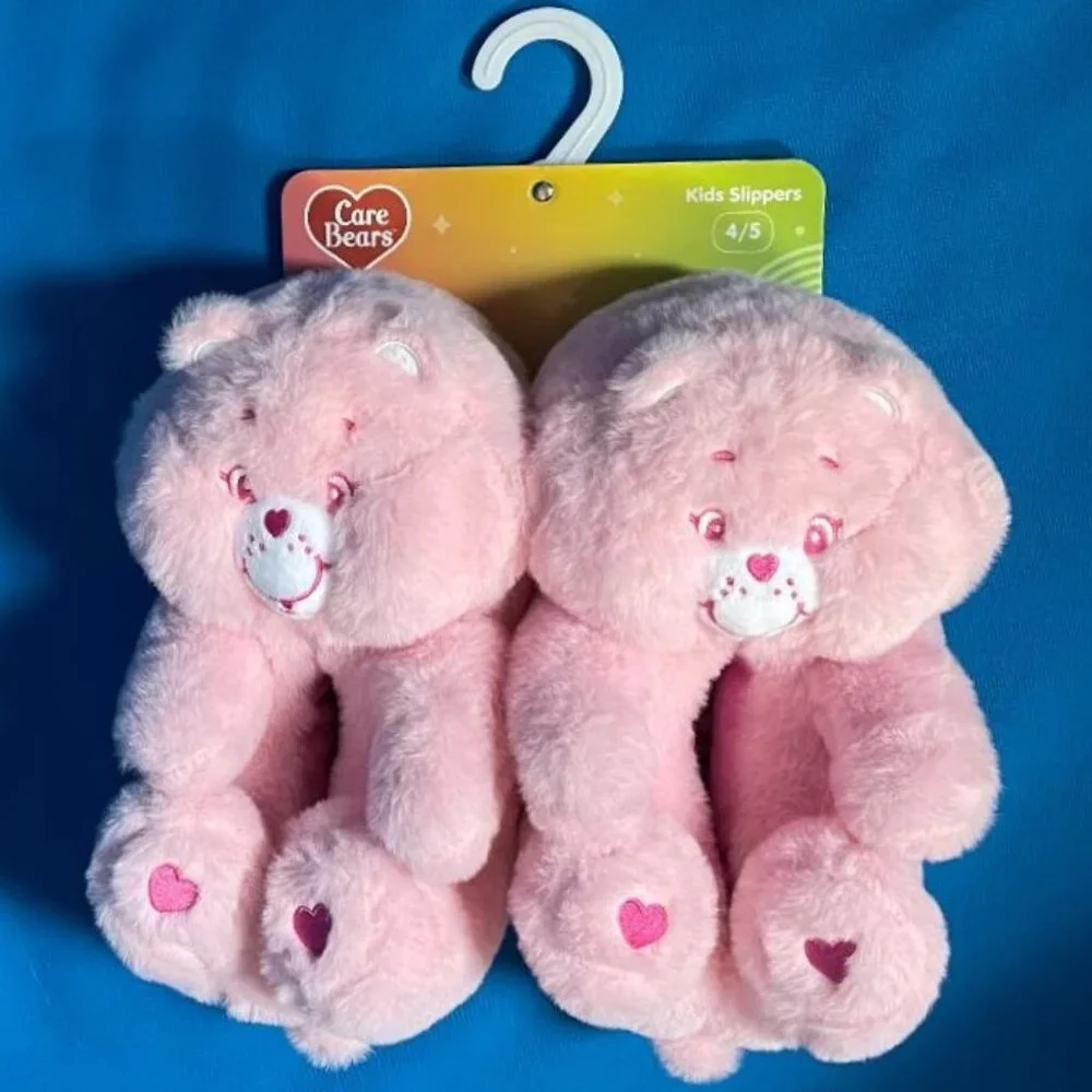 NWT & GREAT GIFT  ADORABLE CARE BEARS KIDS SLIPPERS SIZE XL 4 - 5 PINK ( CHEER )
